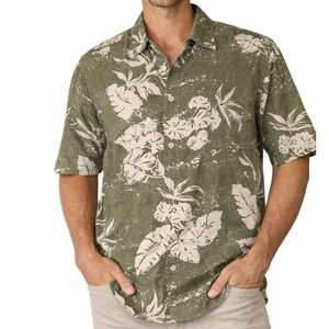 Tommy Bahama Silk Camp Shirt Men‎ XL Olive Green Floral Hawaiian Aloha Button Up